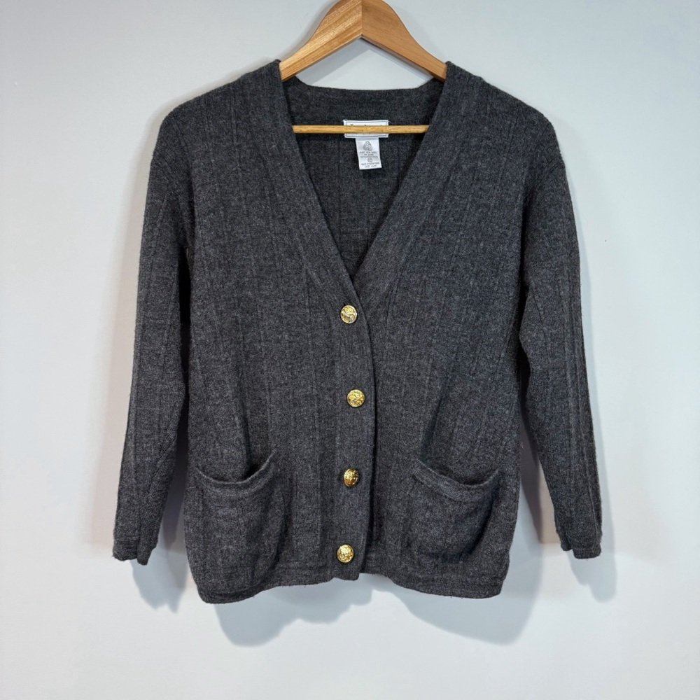 Jacobson's Vintage Merino Wool Grey Buttoned Cardigan V Neck Academia Petite S